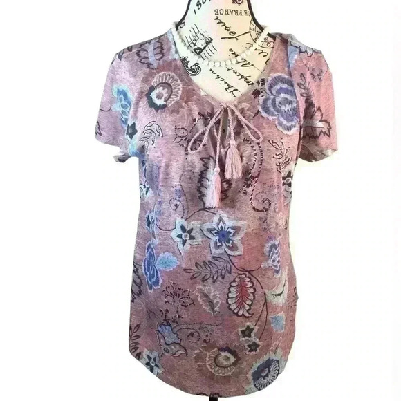 Style & Co Womens Medium blouse Pink and Blue Peasant Blouse Linen blend S/S - Picture 1 of 5